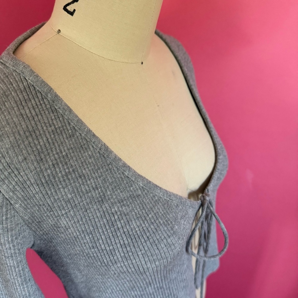 Pretty Knit USA Cozy Clean Girl Stretch Rib Knit Cardigan w/ Front Tie L - Picture 8 of 10